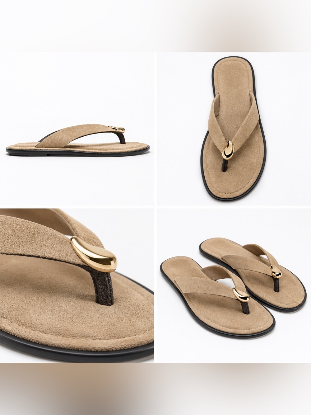 Zara Beige Suede Thong Sandals with Gold Accent